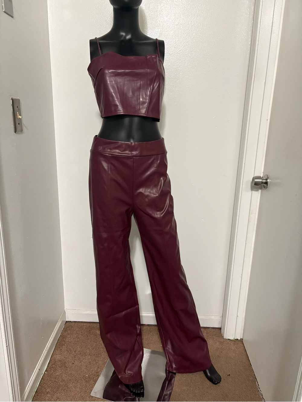 WinWin 2pc Wide-Leg Faux Leather Pants with matching crop top.Burgundy NWOT